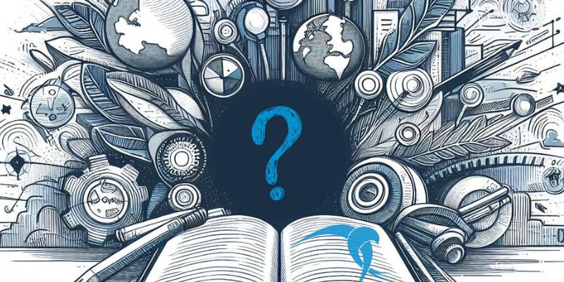 Open book with tech and nature elements, questioning concept